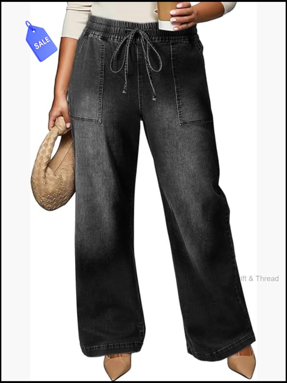 Plus Size High Waisted Wide Leg Jeans Stretchy Drawstring Denim Pants 1X-5X